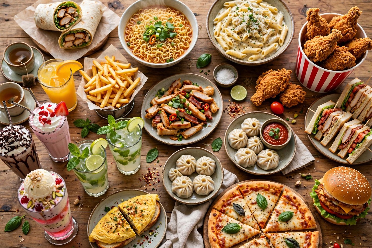 Chai Plaza food menu selection: noodles, pasta, fried chicken, momos, sandwiches, pizza and drinks